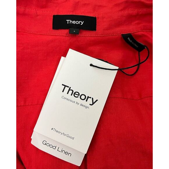 Theory Belted Shirt Dress in Stretch Linen Poppy Short Sleeve Size 4 NEW - Picture 11 of 14